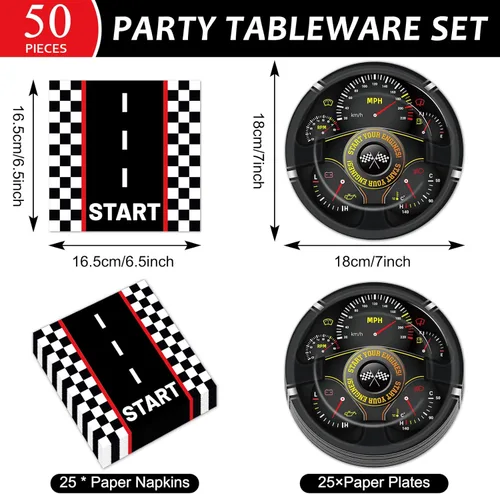 Miniatura 2 de 50 piezas de platos y servilletas de fiesta de coche de carreras, decoración de cumpleaños de coche de carreras con temática de carreras, platos