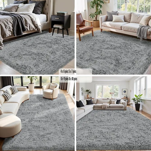 Miniatura 5 de Alfombra de Área 8x10 para Sala de Estar: Alfombras Shag Gris Claro Ultra Suaves y Esponjosas, Alfombra Grande Difusa de Felpa