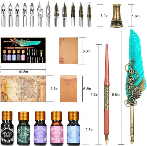 Miniatura 2 de Juego de Pluma de Caligrafía con Tinta, Pluma Mecánica y Pluma de Inmersión de Madera, 5 Colores de Tinta, 12 Plumillas de Repuesto, Soporte