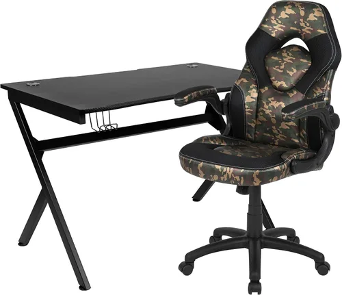 Miniatura 75 de Flash Furniture Juego de escritorio para juegos negro y silla de carreras blanco/negro con soporte para tazas, gancho para auriculares y soporte