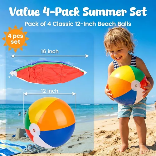 Miniatura 2 de 3 otters Paquete de 4 bolas de playa de 12 pulgadas, juguetes inflables de piscina arcoíris para juegos de agua de verano, recuerdos de fiesta