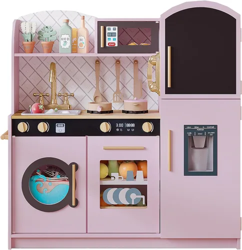 Treocho Juego de cocina para niños, juego de cocina de madera para niños pequeños con almacenamiento, cocina de juguete de diseño moderno con grifo