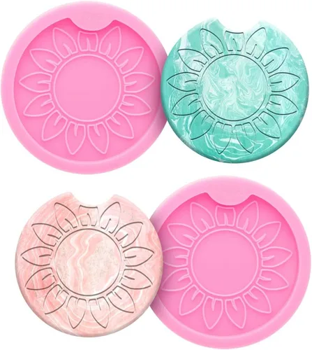 Miniatura 9 de 2 piezas DIY Sun Flower Style Car Coaster Moldes de silicona de resina epoxi moldes de fundición para tapetes, decoración del hogar, moldes