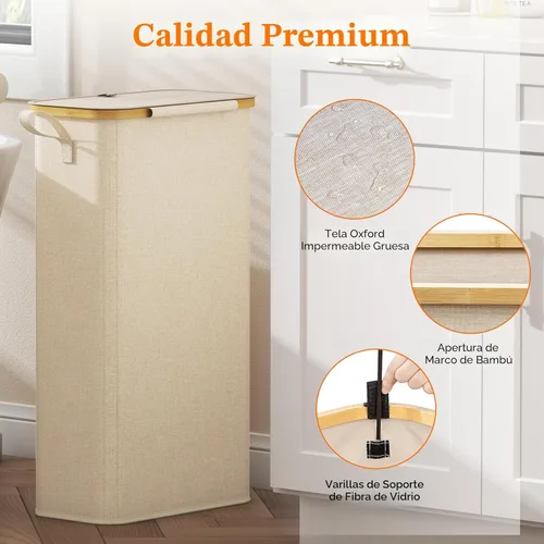 Miniatura 7 de Lifewit Cesta de lavandería delgada de 65 litros con tapa, cesta estrecha para la ropa sucia con bolsa extraíble y asas de bambú, canasta plegable