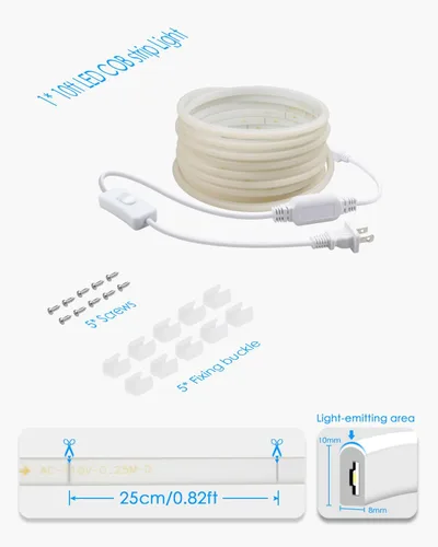 Miniatura 6 de COB Tira de Luces LED de 10 Pies 6000K Luz Diurna Blanca CA 110V-120V Luces de Cuerda LED Exterior Impermeable IP65 Alta Densidad 288LEDs/M Tira