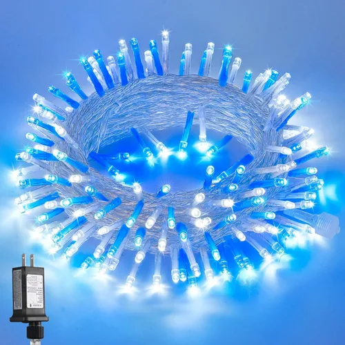 Miniatura 21 de JMEXSUSS Luces rojas blancas y azules con cable transparente, 66 pies, 200 luces LED para decoración del 4 de julio, luz de Navidad para celebración