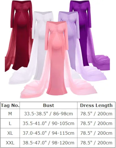 Miniatura 5 de Vestido de maternidad de manga larga con hombros descubiertos para mujer, de tul elegante, ajustado, para baby shower, fotografía, maxi vestido
