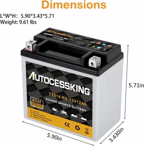 Miniatura 2 de Autocessking YTX14-BS Batería de Motocicleta 12V 12Ah, Batería AGM Sellada Recargable Libre de Mantenimiento Batería de Repuesto Powersport para ATV