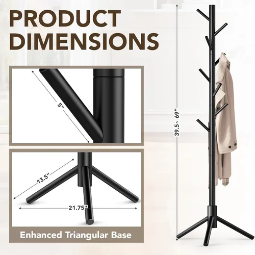 Miniatura 5 de Hupmad Perchero de árbol de madera, perchero resistente independiente con 8 ganchos, 3 alturas ajustables para niños y adultos, perchero de madera