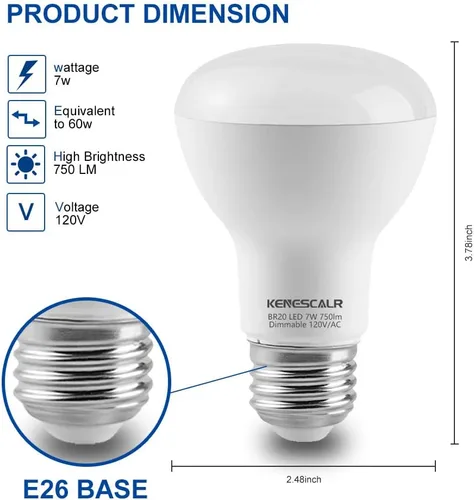 Miniatura 2 de BR20 Bombilla LED regulable 3000 K, blanco cálido, 7 W, 50 W, 60 W, equivalente a 750 lm, base E26, bombillas de inundación para iluminación