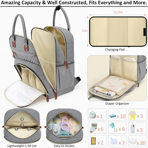 Miniatura 3 de Tenot Mochila de Pañales para Mujeres con Cambiador, Bolsa de Bebé con Bolsillos Aislados, Bolsas de Pañales Multifuncionales para Niña y Niño, Gris