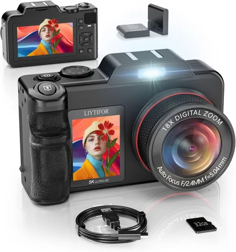 Cámaras digitales 5K para fotografía: Actualización 2026 80MP 3.5 "+2" Pantalla dual para autoencuadre 18X Zoom Cámara de vlogging de enfoque