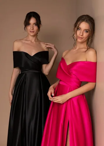 Miniatura 4 de BONOYUER Vestido de fiesta de satén con hombros descubiertos para mujer, vestido de noche de fiesta formal con bolsillos