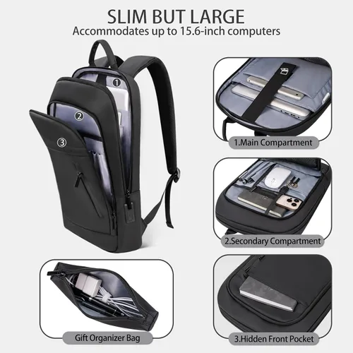 Miniatura 3 de Mochila de negocios para hombres antirrobo resistente al agua mochila de desplazamiento para portátil de 15.6 pulgadas para el trabajo diario, Negro