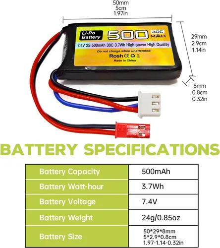 Miniatura 2 de Batería Lipo de 7.4V 500mAh 30C con enchufe JST-2P con cargador 2 en 1 para helicóptero RC Quadcopter pequeño avión micro FPV Racing Drone RC coche