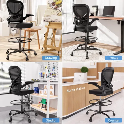 Miniatura 7 de Alolo Silla de dibujo, silla de oficina grande y alta con anillo reposapiés, silla ergonómica para altura de mostrador y escritorio de pie, cómoda