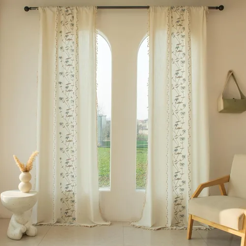 Miniatura 12 de BHUSB Cortinas rústicas para sala de estar de 63 pulgadas de largo, cortinas de ventana de lino y algodón con estampado floral bohemio, cortinas