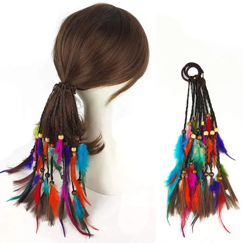 Miniatura 8 de 4 piezas de cuerda para el pelo de plumas gitanas hippies hechas a mano para mujer para cola de caballo bohemia, elásticos con plumas, diadema