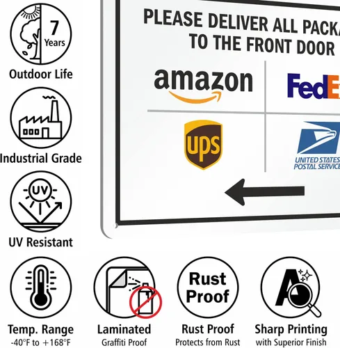 Miniatura 4 de SmartSign Letrero de metal con texto en inglés "Please Deliver All Packages to The Front Door" de 10 x 14 pulgadas, con flecha izquierda y Letrero