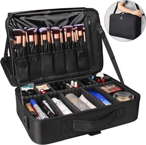 Miniatura 7 de Travelmall Estuche profesional organizador de maquillaje de 3 niveles, tamaño grande con hombro ajustable para brochas de maquillaje, herramientas