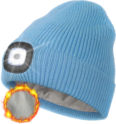 Miniatura 16 de MELASA Gorro de invierno con forro polar LED, recargable por USB, gorro cálido con luz integrada, regalos para hombres, papá, esposo, él