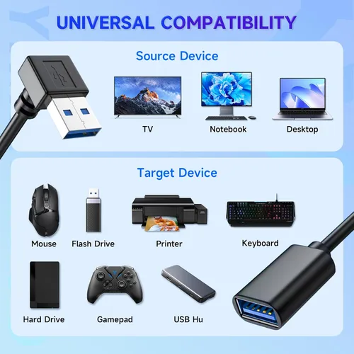 Miniatura 4 de Cable de extensión USB3.0 en ángulo descendente, cable de extensión USB A hembra a USB-A macho, cable extensor con contactos chapados en oro