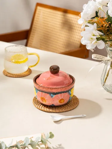 Miniatura 8 de Silesia Tazón de Azúcar Hecho a Mano con Tapa y Cuchara, Tarro de Azúcar de Cerámica Pintado a Mano de 10 Onzas para Cocina en Caja de Regalo, Rosa