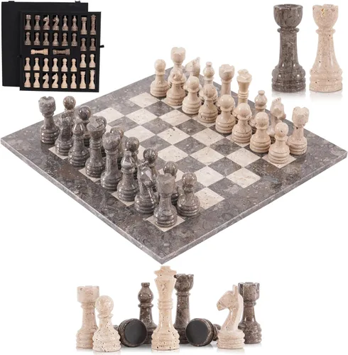 Miniatura 10 de Juego de ajedrez de mármol para adultos de 15 pulgadas, hecho a mano, juegos de ajedrez negro y travertino con caja de almacenamiento, juego