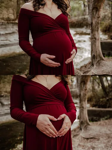 Miniatura 5 de Saslax - Vestido de noche de maternidad con hombros descubiertos, corte de medio círculo, para baby shower, fotos