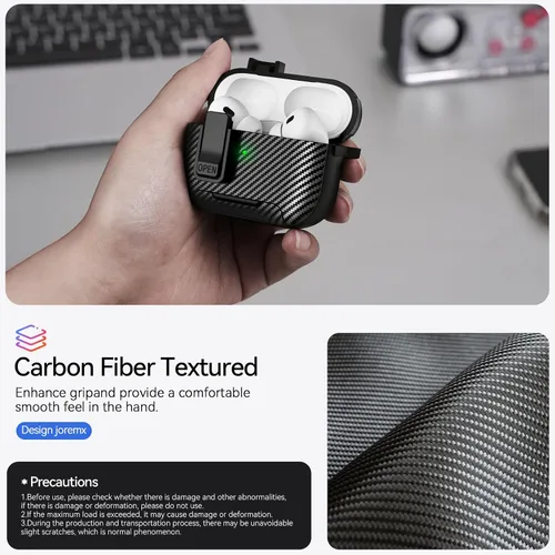 Miniatura 4 de Compatible con AirPods Pro de 2ª Generación Funda con Soporte para Teléfono, (con Clip de Bloqueo) Diseño de Fibra de Carbono Funda de Protección
