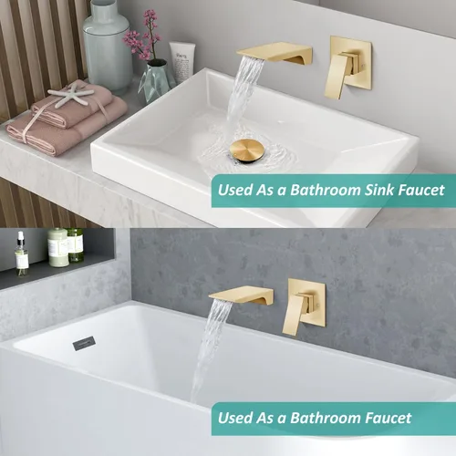 Miniatura 6 de Aolemi Grifo de baño de montaje en pared, relleno de bañera de cascada, grifo de fregadero montado en la pared de una sola manija con válvula, oro