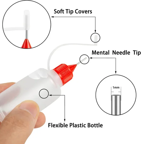 Miniatura 3 de 18 piezas de botellas aplicadoras de pegamento de punta de aguja de precisión, 6 colores 10 ml/1 oz botella de compresión de punta de aguja fina