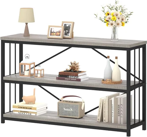 Miniatura 19 de IBF - Librero bajo rústico de 3 niveles, estantería industrial horizontal de madera, estantería larga y ancha de estilo granja de metal, estantería