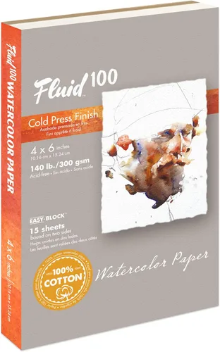 Bloque de Papel Acuarela Fluid 100, 4 x 6 pulgadas, 15 Hojas, 140 libras (300 GSM) 100% Algodón, Ficha de Prensa Fría para Pintura Artística y