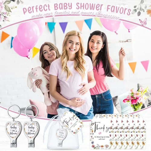 Miniatura 7 de Wesiti 25 juegos de llaveros para baby shower para invitados Baby in Bloom con cortaúñas y abridor de botellas, tarjeta de agradecimiento y bolsa