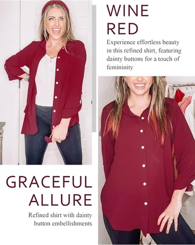 Miniatura 50 de Odosalii - Camisas con botones para mujer, con cuello en V, manga larga, enrolladas, blusas elegantes y formales para negocios y ocasiones casuales