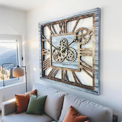 Miniatura 5 de ImprovingLife The Gears Clock - Reloj de pared cuadrado con engranaje móvil real de 24 pulgadas, estilo vintage, industrial, de gran tamaño, Gris