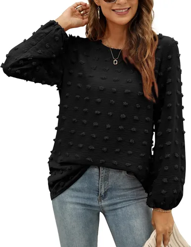 Miniatura 3 de XIEERDUO Blusas de gasa de manga larga con cuello redondo para mujer, blusas elegantes y holgadas con pompones