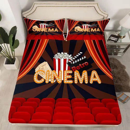 Miniatura 2 de Juego de sábanas de película de palomitas de maíz, tamaño individual, juego de sábanas de cine retro, rojo y negro, sábana bajera ajustable