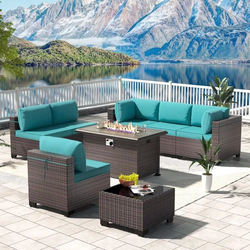Miniatura 40 de Kullavik Juego de 13 muebles de patio al aire libre con mesa de fogata de gas propano de 43 pulgadas, 55000 BTU, mimbre de polietileno, sofá Arena