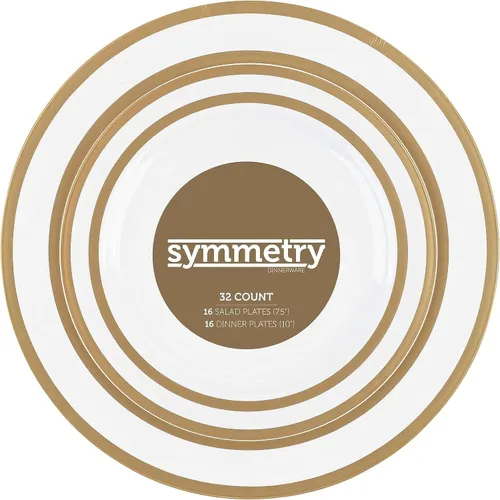 Miniatura 3 de Blue Sky Symmetry - Juego de vajilla – 32 unidades Lujoso juego de platos redondos de plástico blanco con doble borde dorado con 16 platos