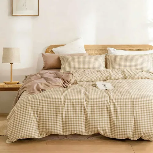 Miniatura 2 de Juego de colcha tamaño king de ETDIFFE, color marrón, 3 piezas, juego de ropa de cama color beige con estampado Gingham de rejilla - colcha suave