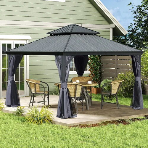 Miniatura 30 de Domi - Cenador permanente de metal con techo rígido de 8 x 8 pies, con doble techo de acero galvanizado, cortinas y malla para fiestas, bodas, Gris
