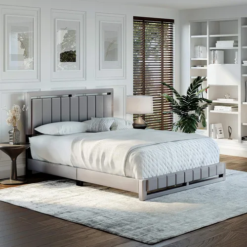 Miniatura 27 de Boyd Sleep Beaumont - Cama de plataforma tapizada con cabecero, base de colchón con 14 soportes de listones de madera, no requiere somier, piel