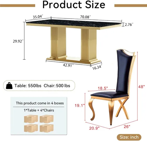 Miniatura 7 de Juego de mesa de comedor de mármol negro de lujo para 4, mesa de cocina dorada de 70 pulgadas y 4 sillas de cuero negro, juego de 5 mesas de comedor