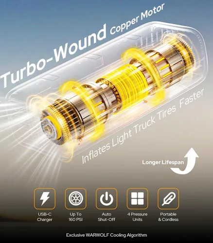 Miniatura 4 de WARWOLF Inflador de neumáticos de 160 PSI, compresor de aire portátil, bomba de aire para neumáticos de automóvil con medidor de presión, doble