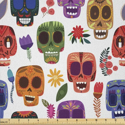Miniatura 77 de Ambesonne The Yard, tela de calavera colorida con temática de Halloween, diseño de calavera y huesos cruzados, divertido estampado de dibujos