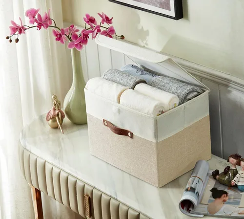 Miniatura 2 de DECOMOMO - Cubos plegables de almacenamiento con tapas, canastas resistentes de tela catiónica, cubos con asas, para organización de estantes, Beige