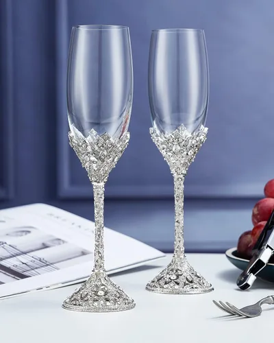 Copas de champán – Base de metal de cristal con piedras de cristal, juego de 2 pares de flautas de tostado, boda, aniversario, fiesta, cumpleaños,