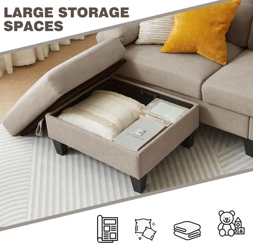 Miniatura 6 de Sofá modular convertible de 84 pulgadas, moderno sofá pequeño en forma de L de tela de lino con diván reversible, sofá de 3 asientos para sala